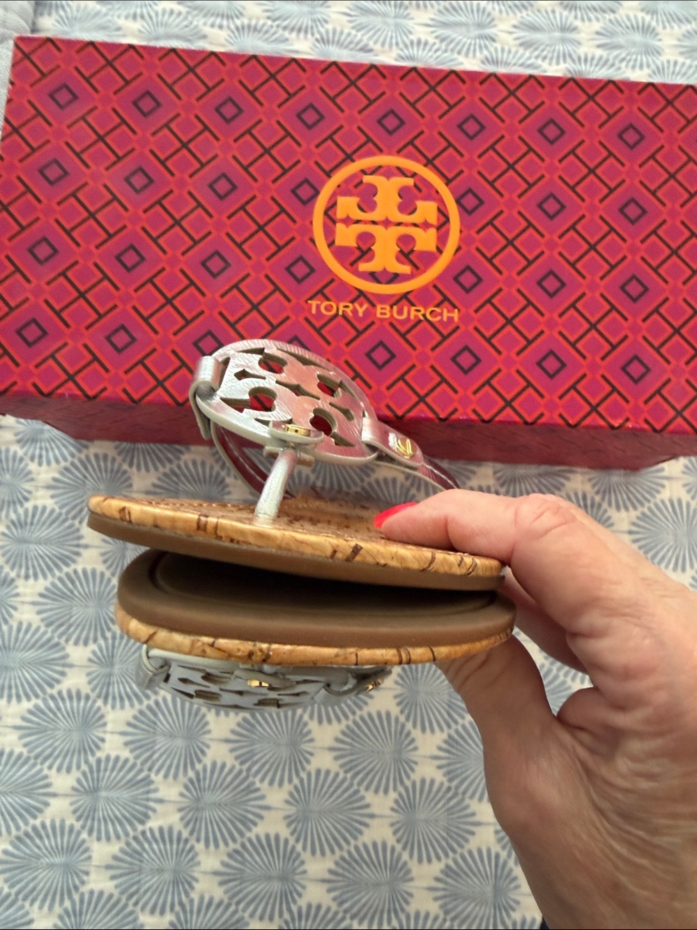 Tory Burch Silver Logo Cork Thong Sandals - Picture 6 of 7